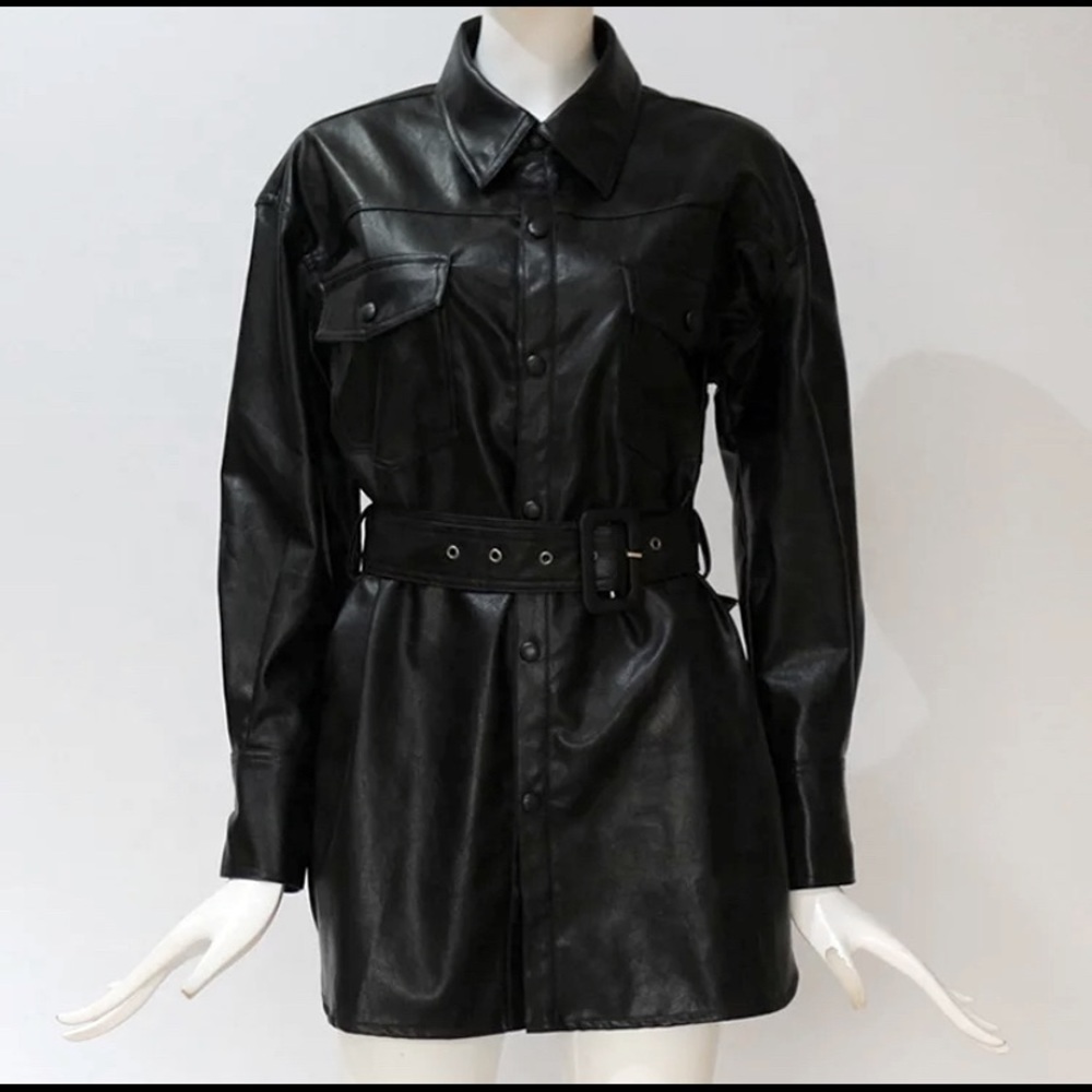 Black Oversized Faux Leather Shirt in Tops